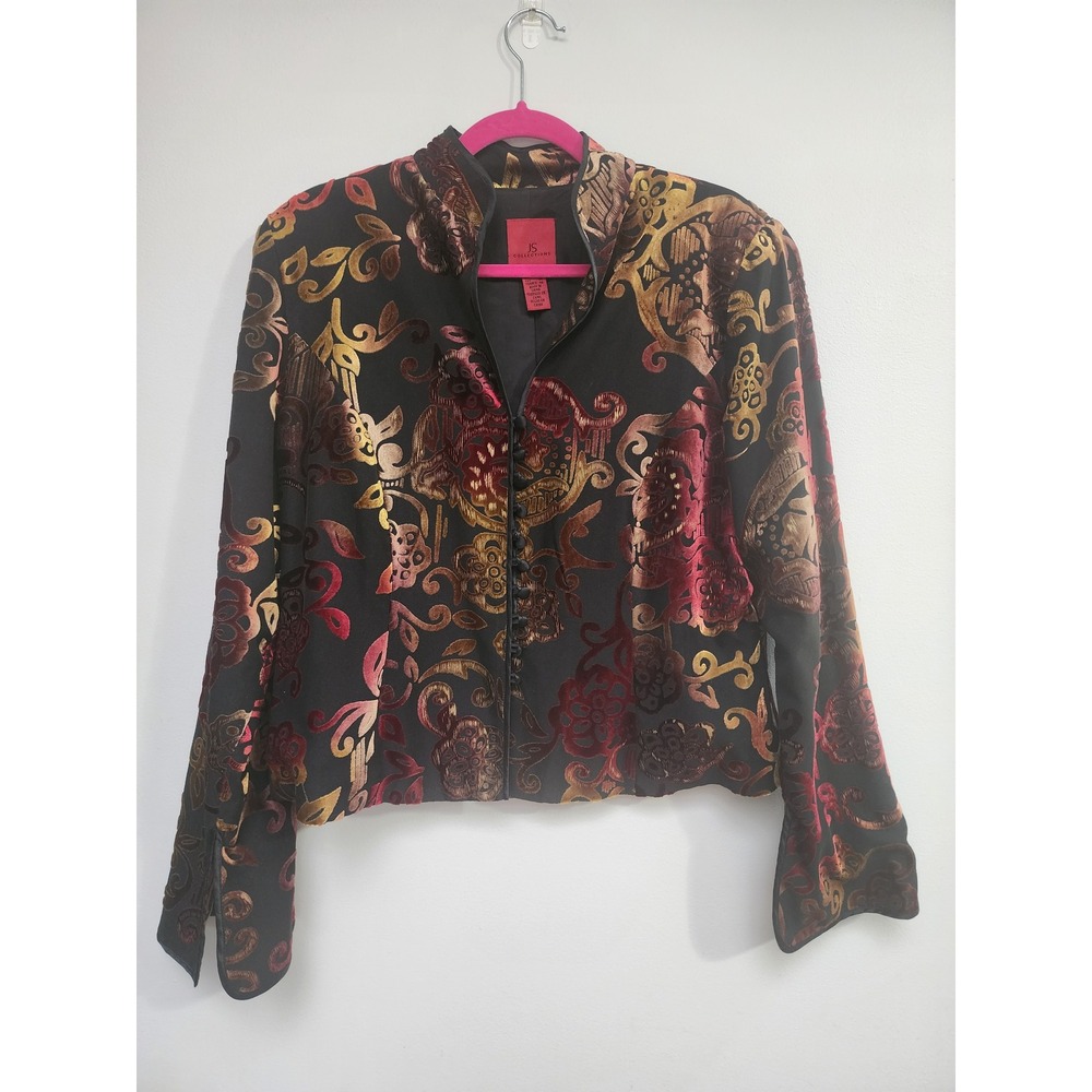 JS Collections Silk Blend Burnout Velvet Jacket Red Gold Floral Damask Size 16